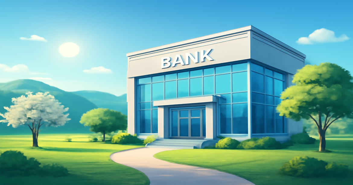 A professional image representing кредит в России, showcasing a bank in a serene landscape.