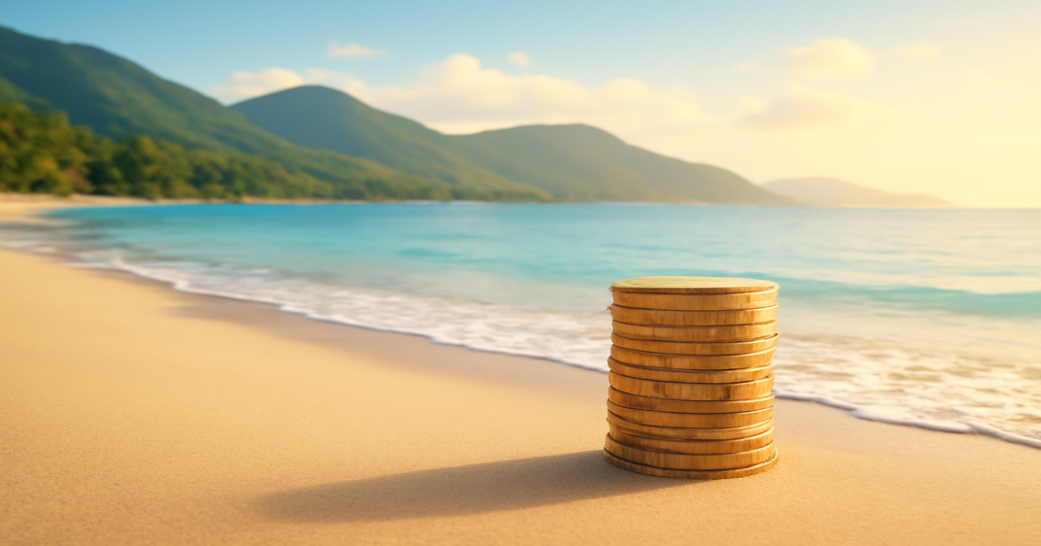 A peaceful beach scene symbolizing сбережения for financial security, framed by mountains and warm sunlight.