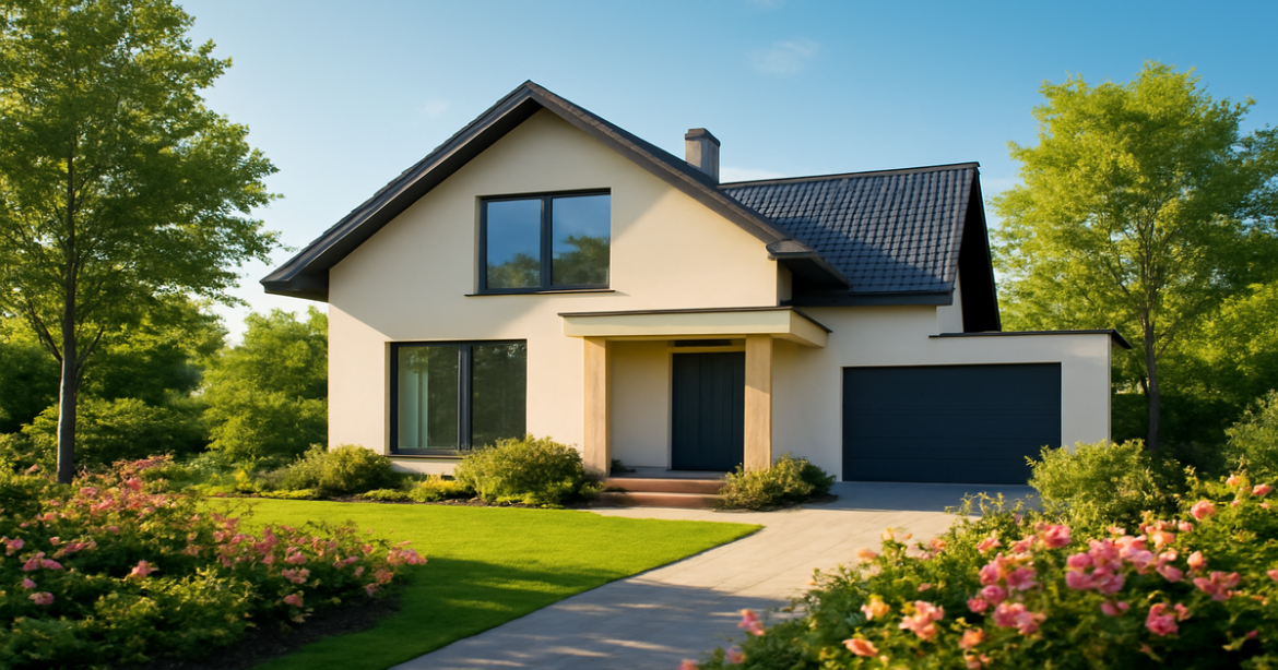 Modern house with garden, symbolizing идеальный вариант ипотечных кредитов for 2026.