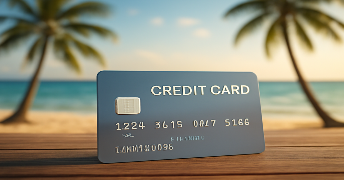 High-quality image of a credit card on a beach setting, symbolizing smart financial choices.
