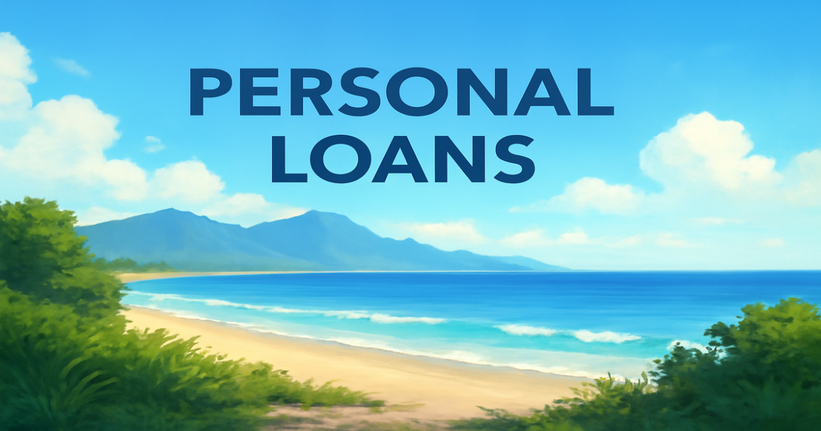 A peaceful beach scene illustrating personal loans, with mountains and greenery, perfect for financial advice.