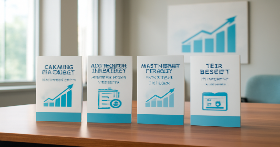 A professional image showcasing deposit account brochures in a serene bank office setting.