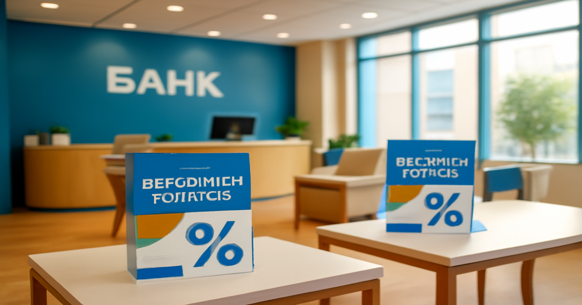 Professional bank interior showcasing 'депозиты в банках' with brochures and a welcoming atmosphere.
