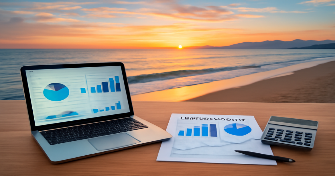 A peaceful beach scene representing financial planning with a laptop and charts, showcasing personal finance success.