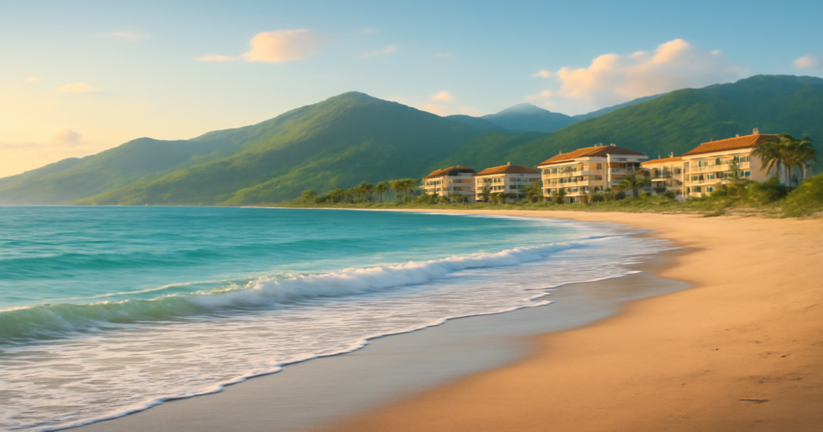 A relaxing beach scene representing financial planning for travel and leisure, with mountains and hotels.