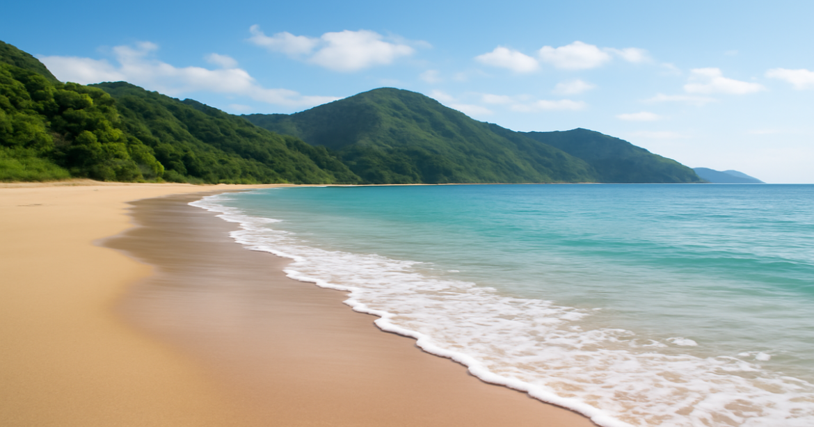 A tranquil beach and mountain landscape representing financial planning for personal success.