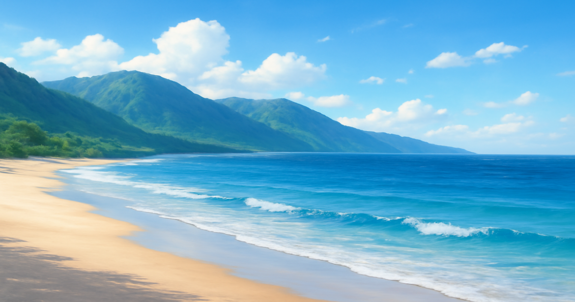 A tranquil beach scene highlighting financial literacy as a journey, with mountains and a clear sky.