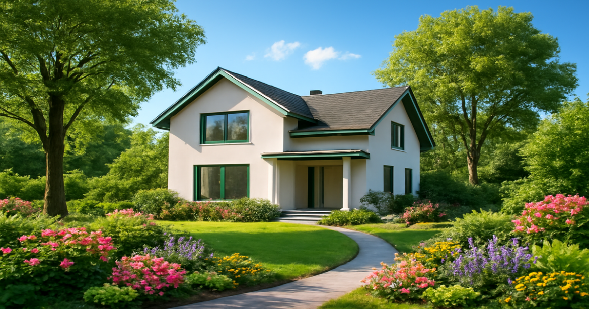 Modern home in a lush setting symbolizing ипотечное кредитование, evoking comfort and security.