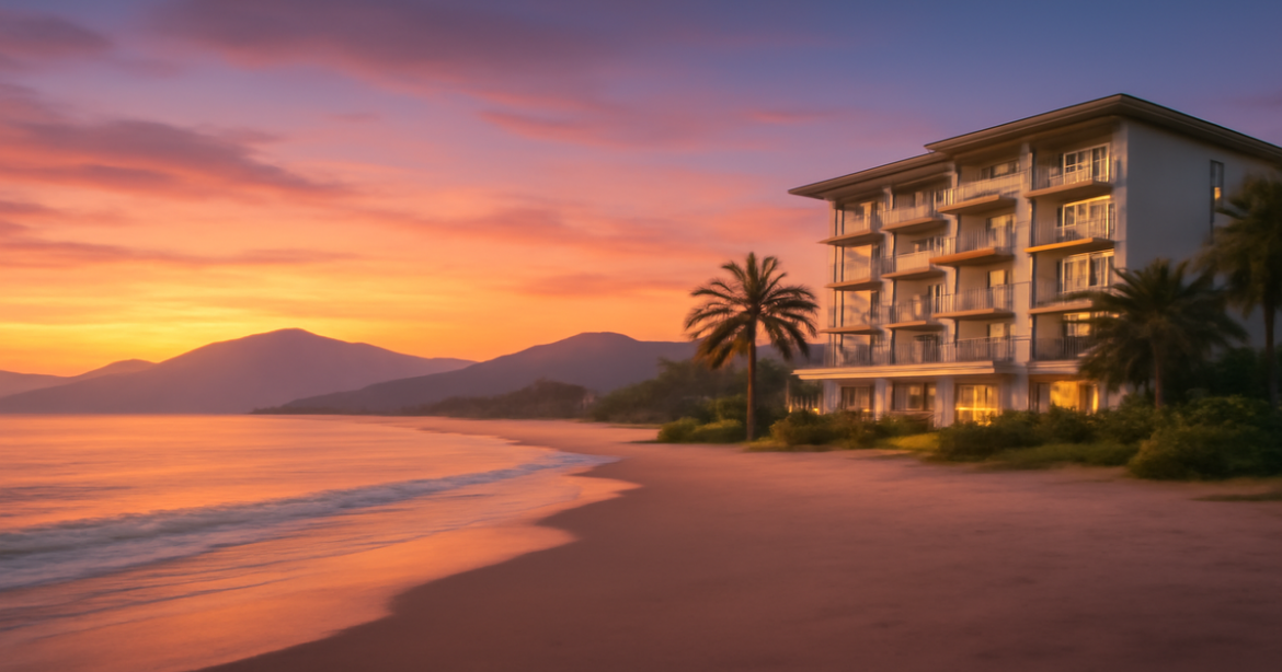 A calming beach sunset scene highlighting the concept of страхование in travel and financial planning.