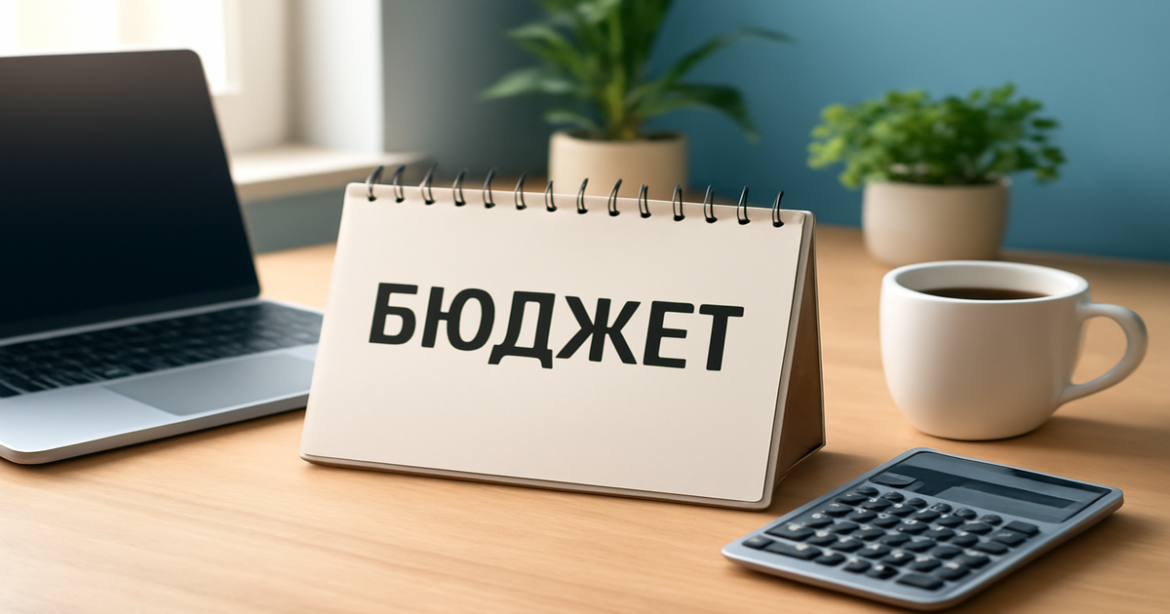 A professional workspace for budgeting and financial planning, featuring the word 'бюджет'.