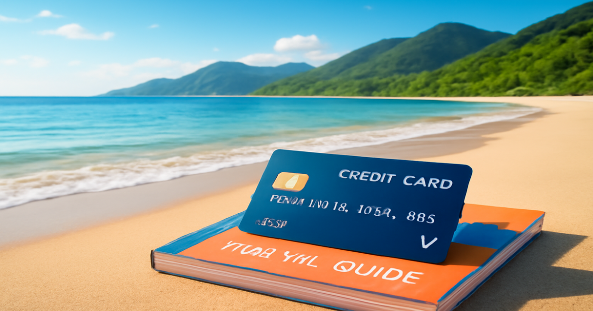 A relaxing beach scene with a credit card, illustrating the pros and cons of кредитные карты.