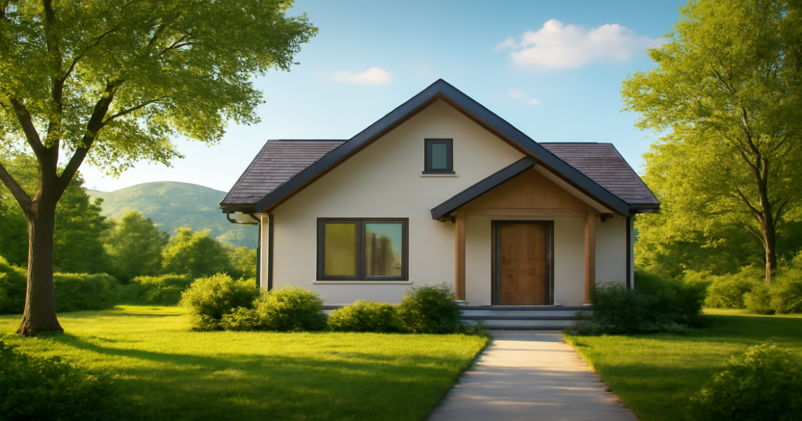 A modern home representing ипотека, surrounded by nature in a bright, inviting landscape.