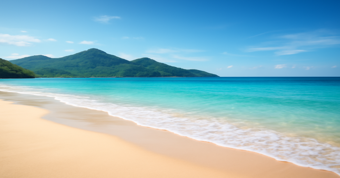 A tranquil beach scene symbolizing financial freedom with кредиты наличными for travel and relaxation.