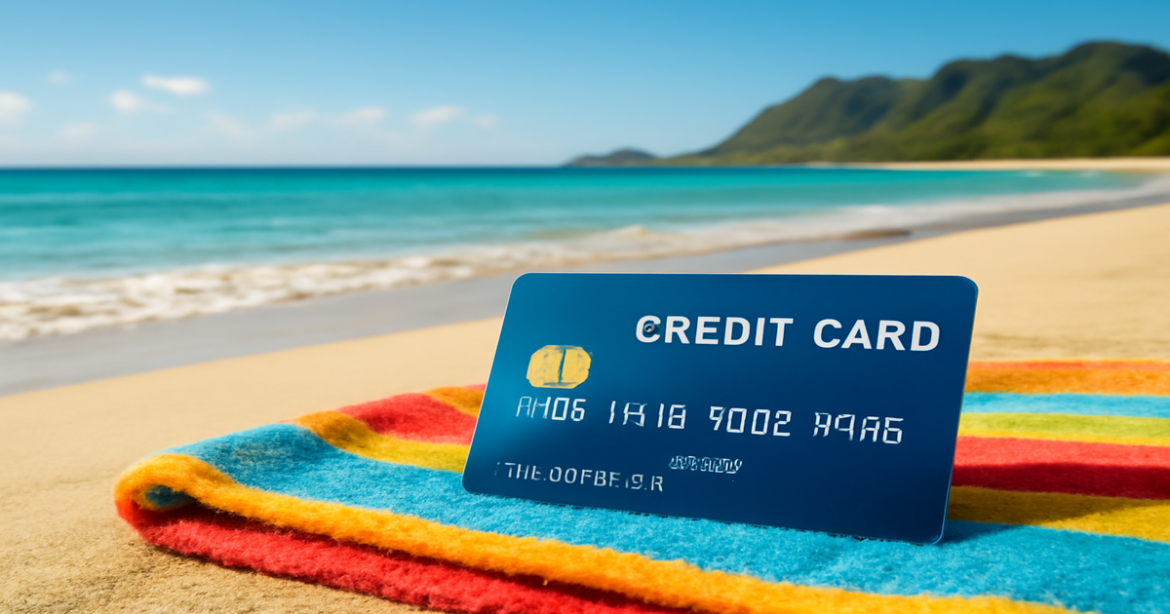 A relaxing beach scene featuring a credit card, symbolizing financial freedom and travel benefits.