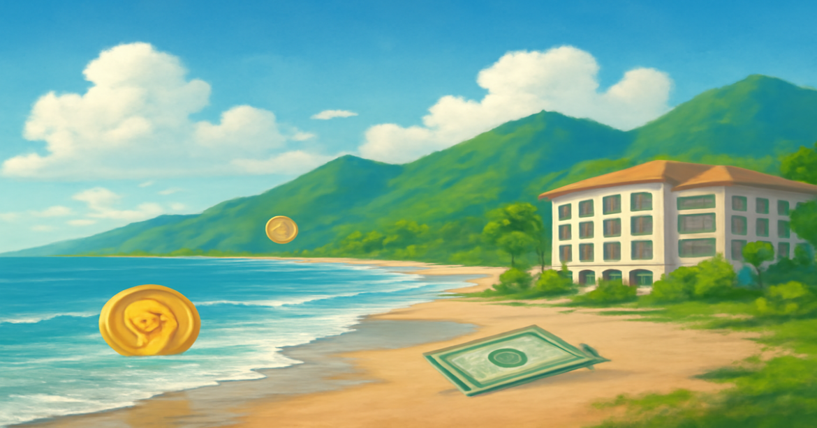 A relaxing beach scene symbolizing банковские услуги and financial management in a serene natural setting.