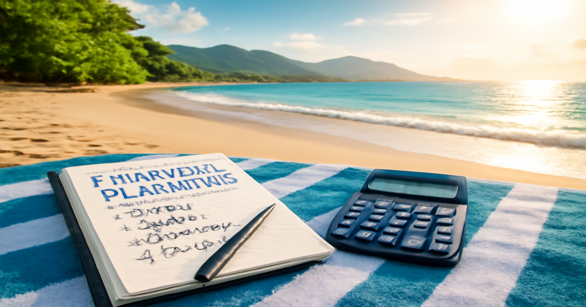 A relaxing beach scene highlighting financial literacy concepts with a notebook and calculator.