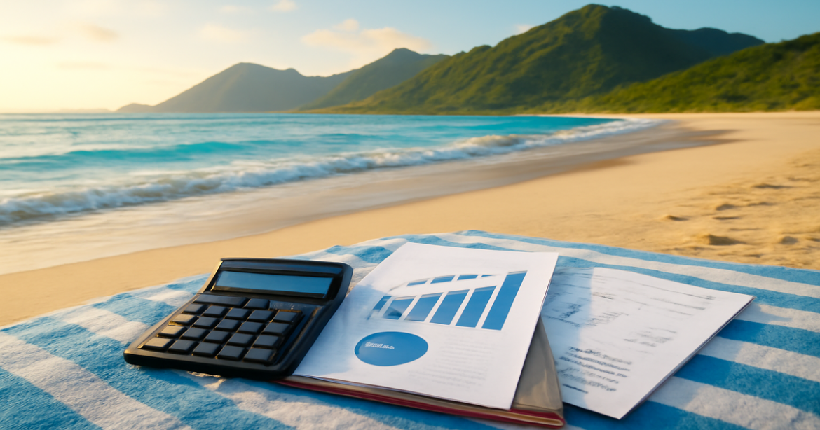 Explore investment products in this serene beach landscape showcasing financial planning.