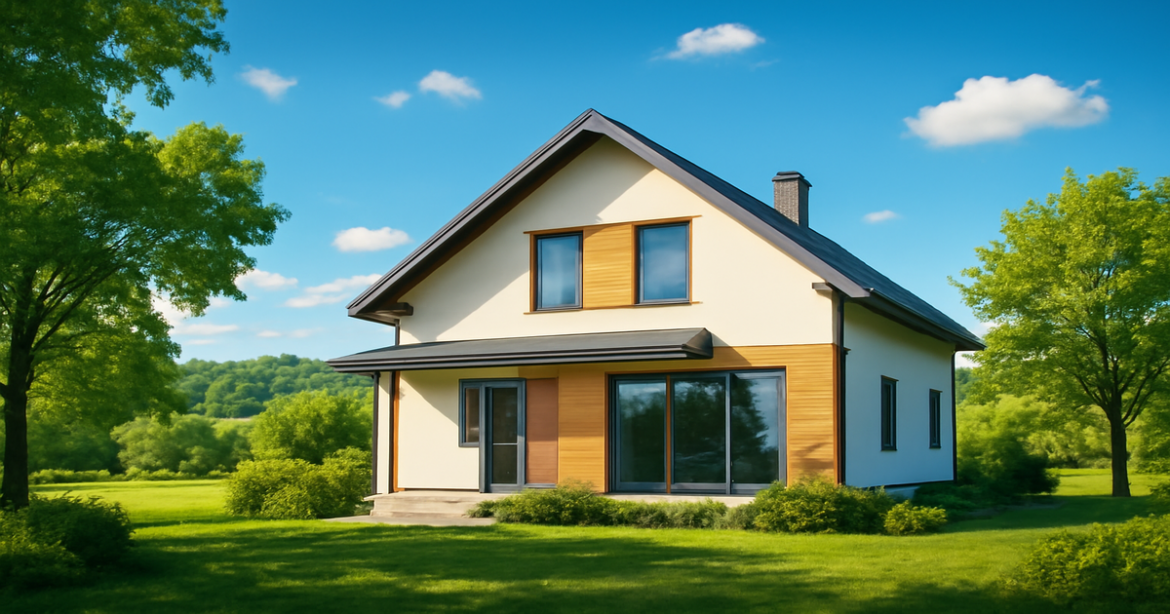 A peaceful home representing ипотечное кредитование, surrounded by nature and bright, calming colors.