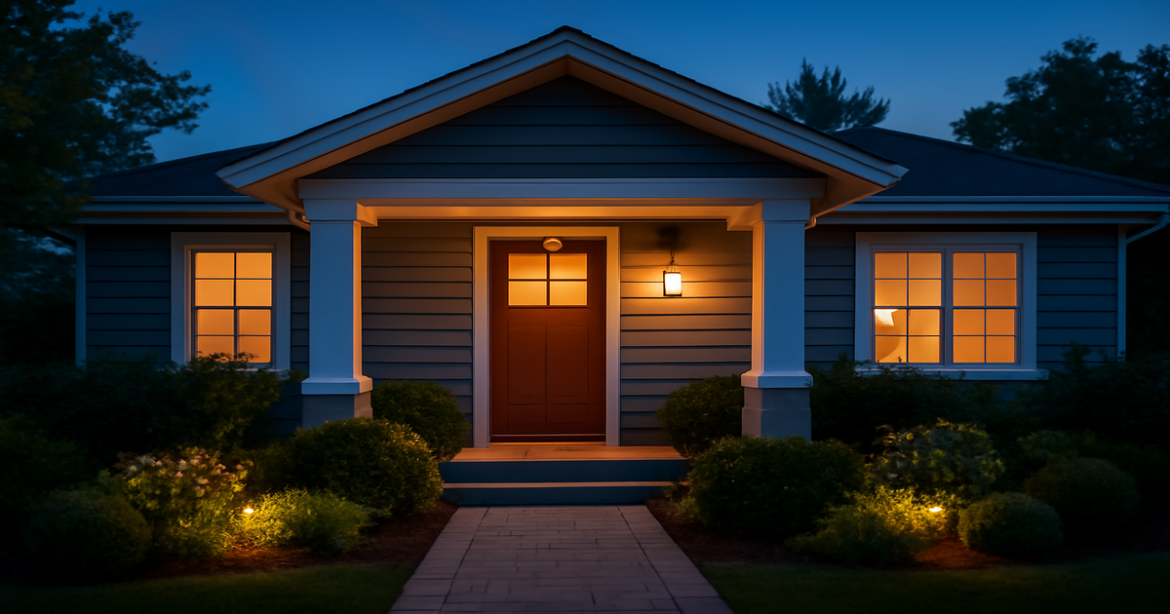 A cozy home symbolizing ипотечное кредитование, featuring a welcoming garden and warm lighting.