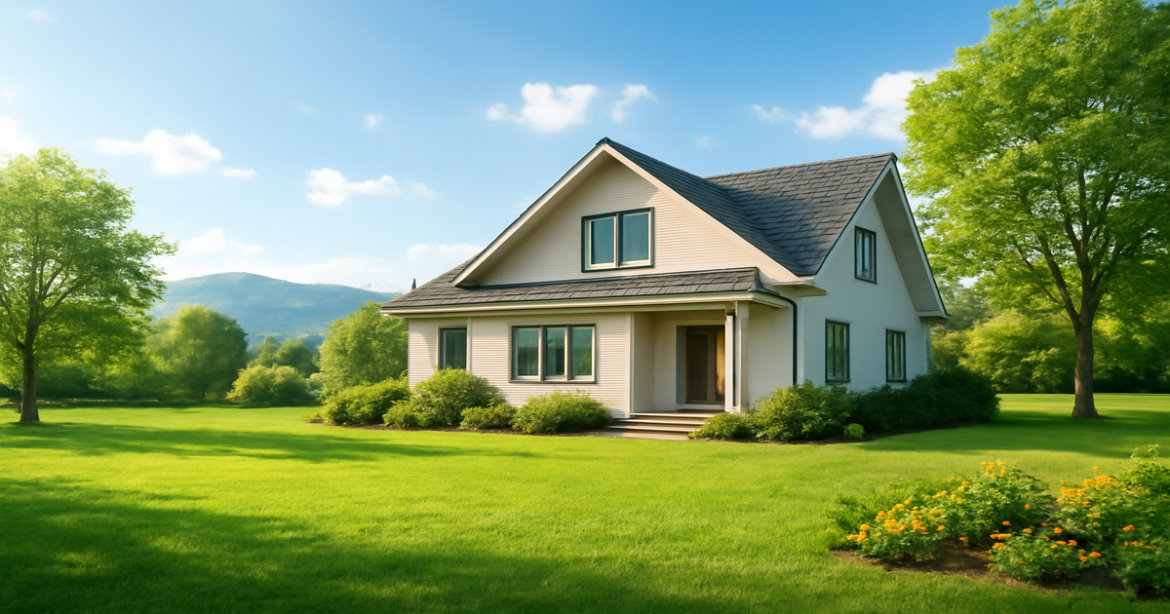 A beautiful home landscape showcasing ипотечное кредитование benefits, with mountains and nature in the background.