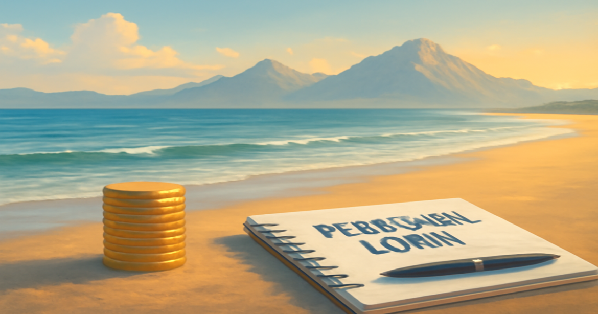 A tranquil beach scene symbolizing личные кредиты with mountains in the background, perfect for financial planning.