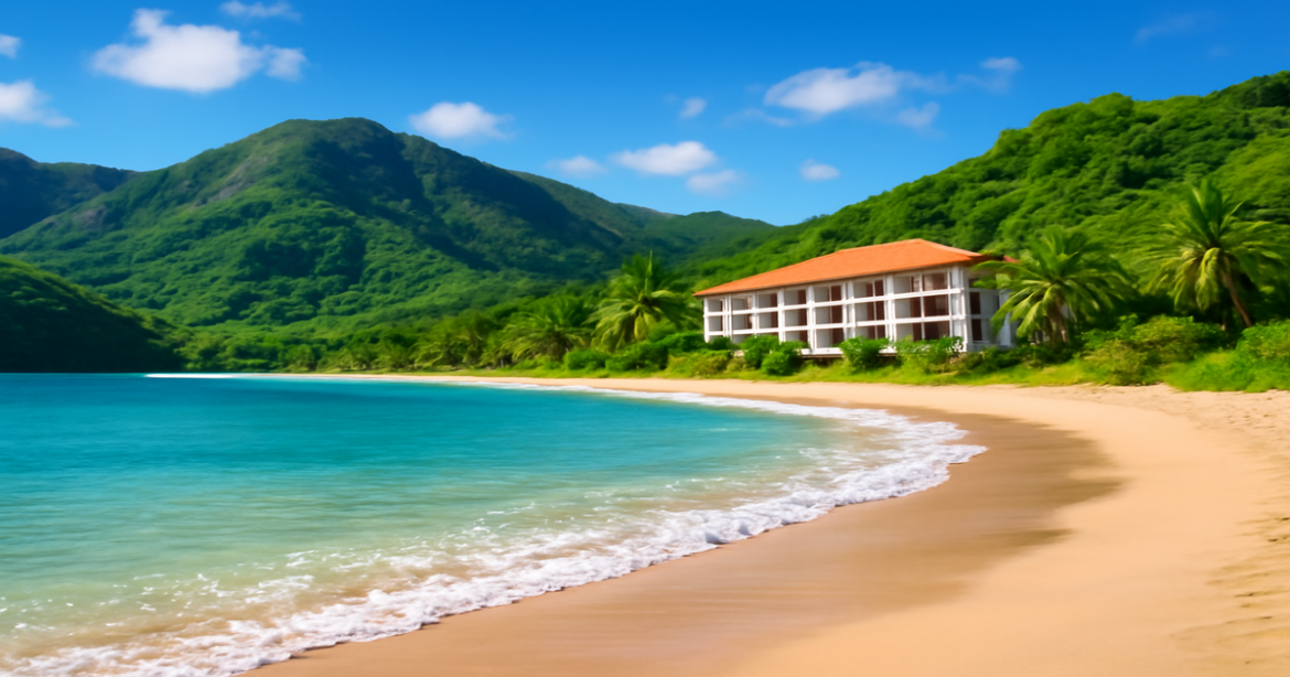 Explore personal loans with a serene beach and mountains, symbolizing financial relaxation and informed choices.