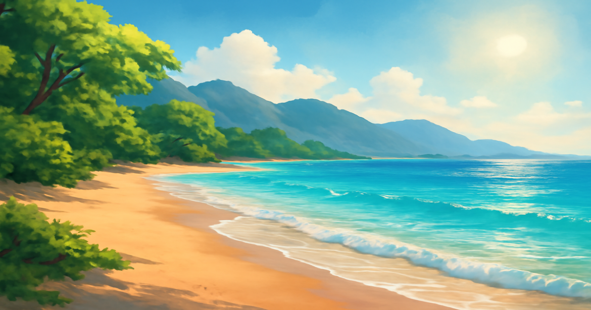 A peaceful beach scene representing personal loans for travel, with vibrant colors and a relaxing mood.