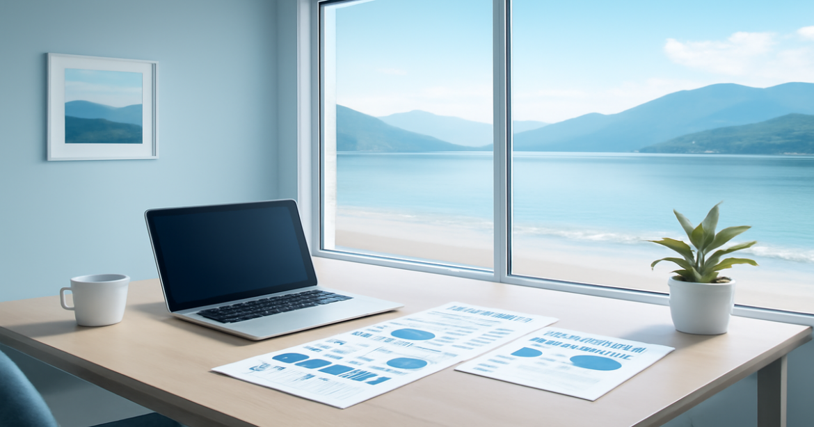 Explore types of loans in a serene financial office with nature views, perfect for understanding loan options.
