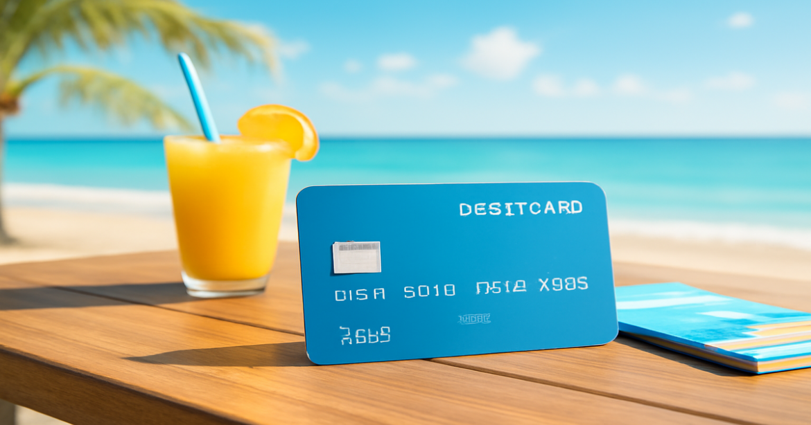 A debit card on a beachside table, symbolizing convenience for daily expenses.