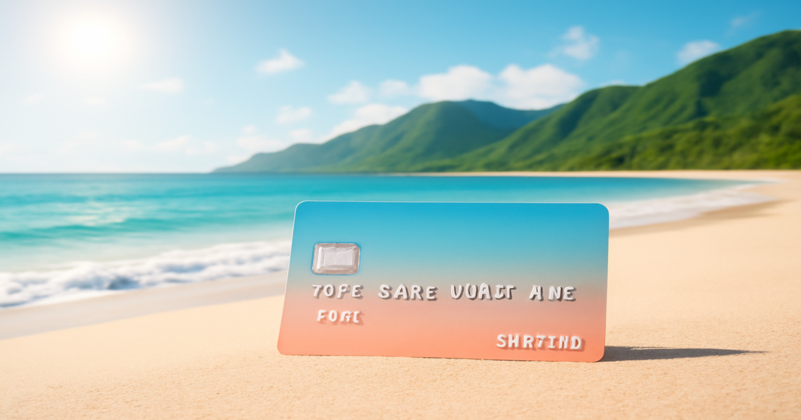 A peaceful beach scene highlighting debit cards for everyday expenses and financial control.