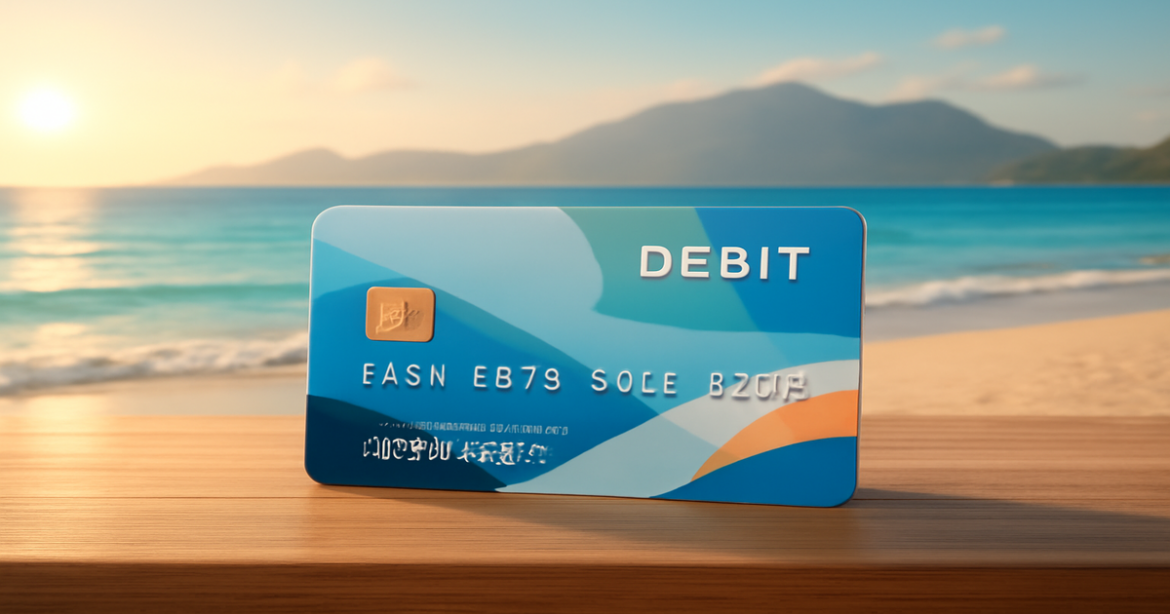 A debit card on a beach table, showcasing the convenience of дебетовые карты in a relaxing setting.