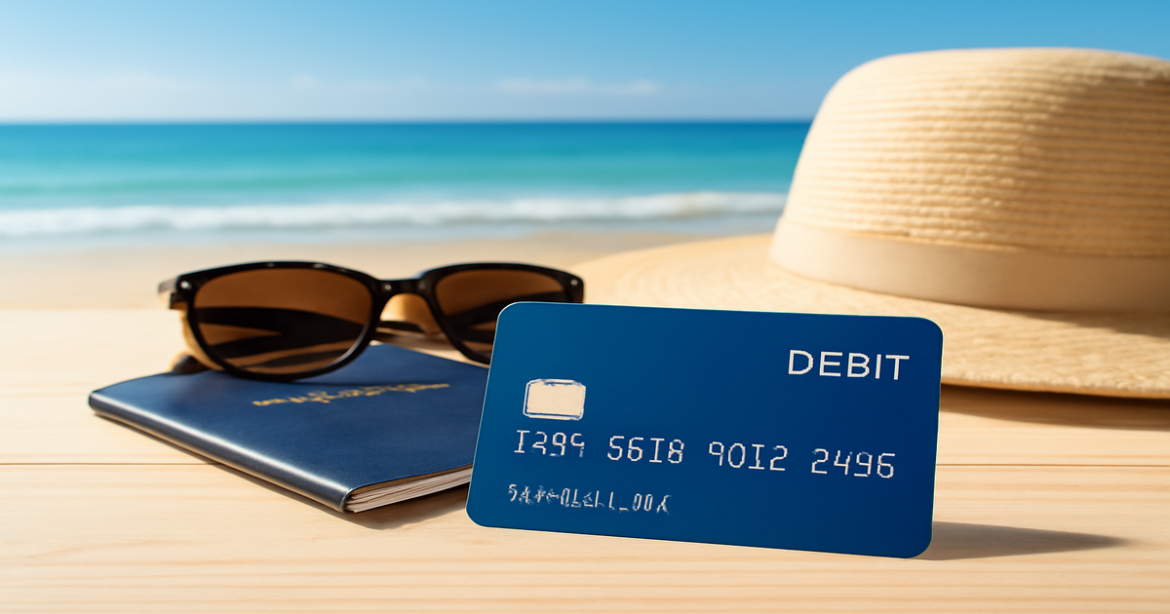 A professional image of debit cards and travel essentials on a beach, showcasing convenience and security.