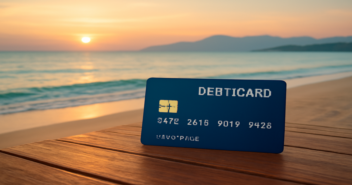 A debit card on a beach table, symbolizing financial convenience and safety for travelers.