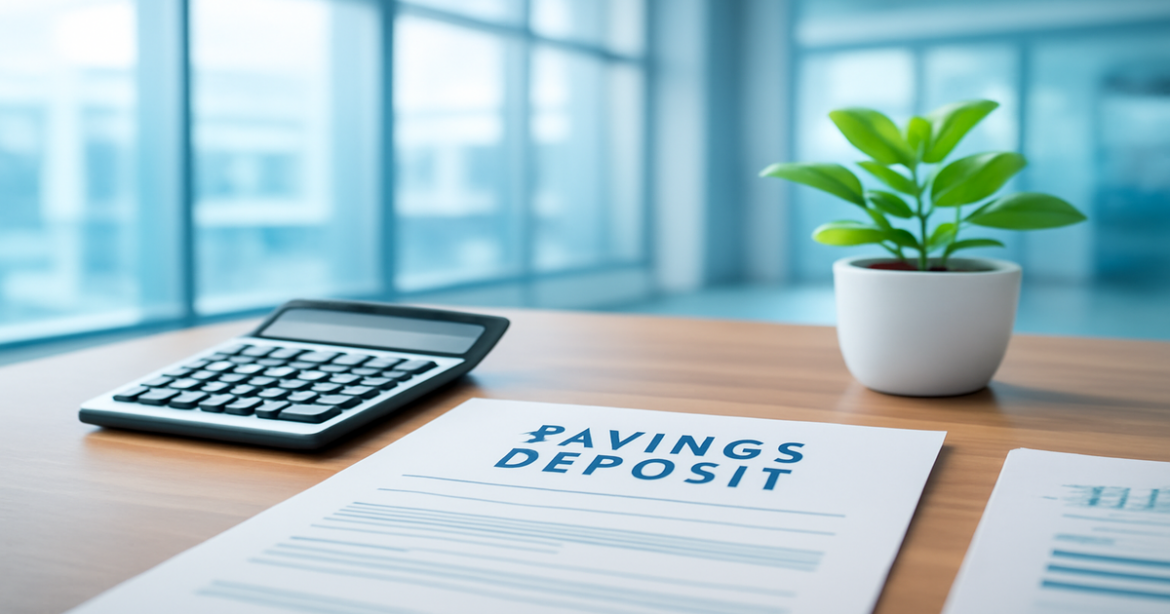 A professional setting illustrating депозиты, featuring a financial planner's desk with documents and a serene backdrop.