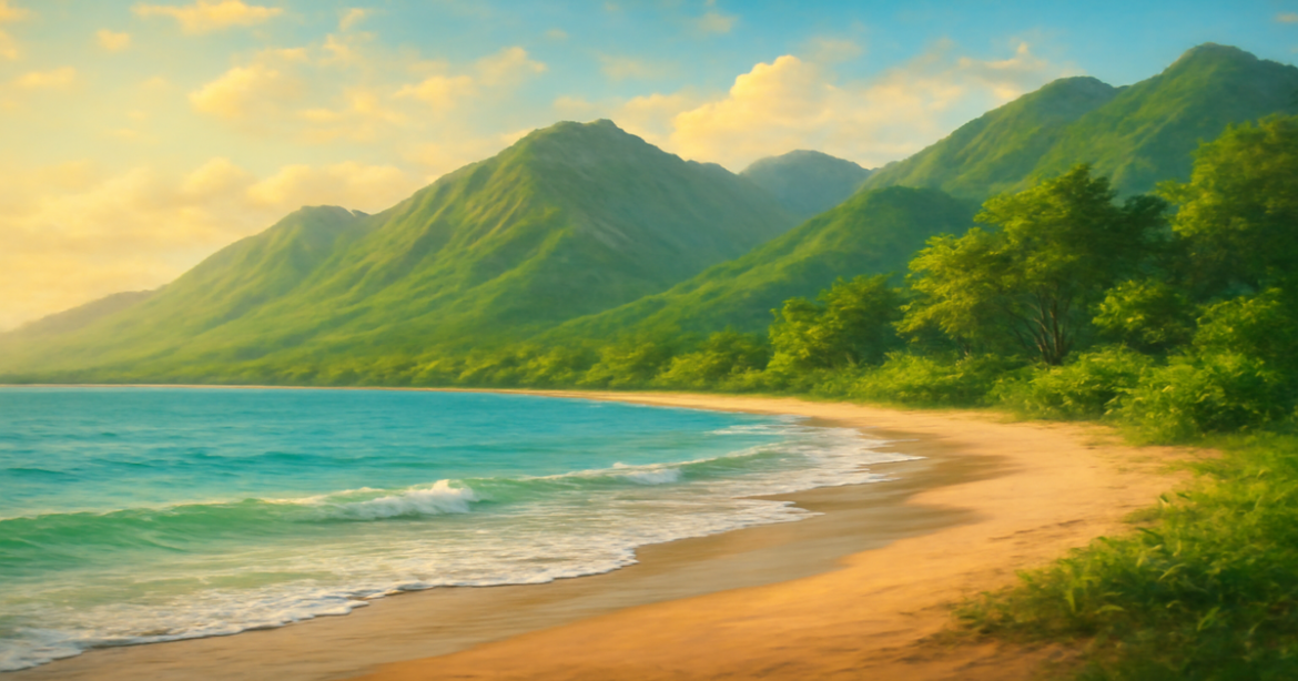 A tranquil beach and mountains depicting the benefits of deposits in financial planning.