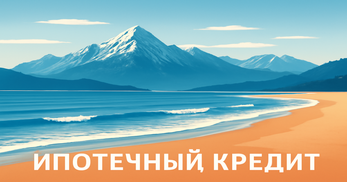 A tranquil landscape illustrating the benefits of ипотечный кредит with mountains and a beach.
