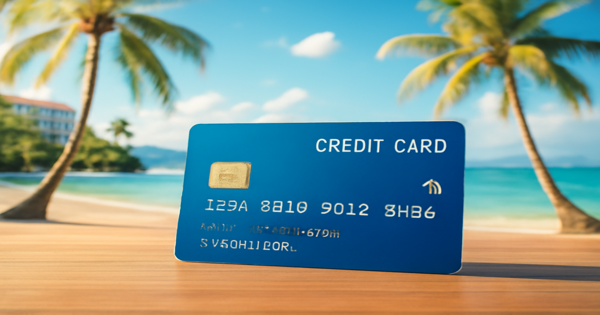 Credit cards on a beach table, representing advantages and disadvantages of кредитные карты.