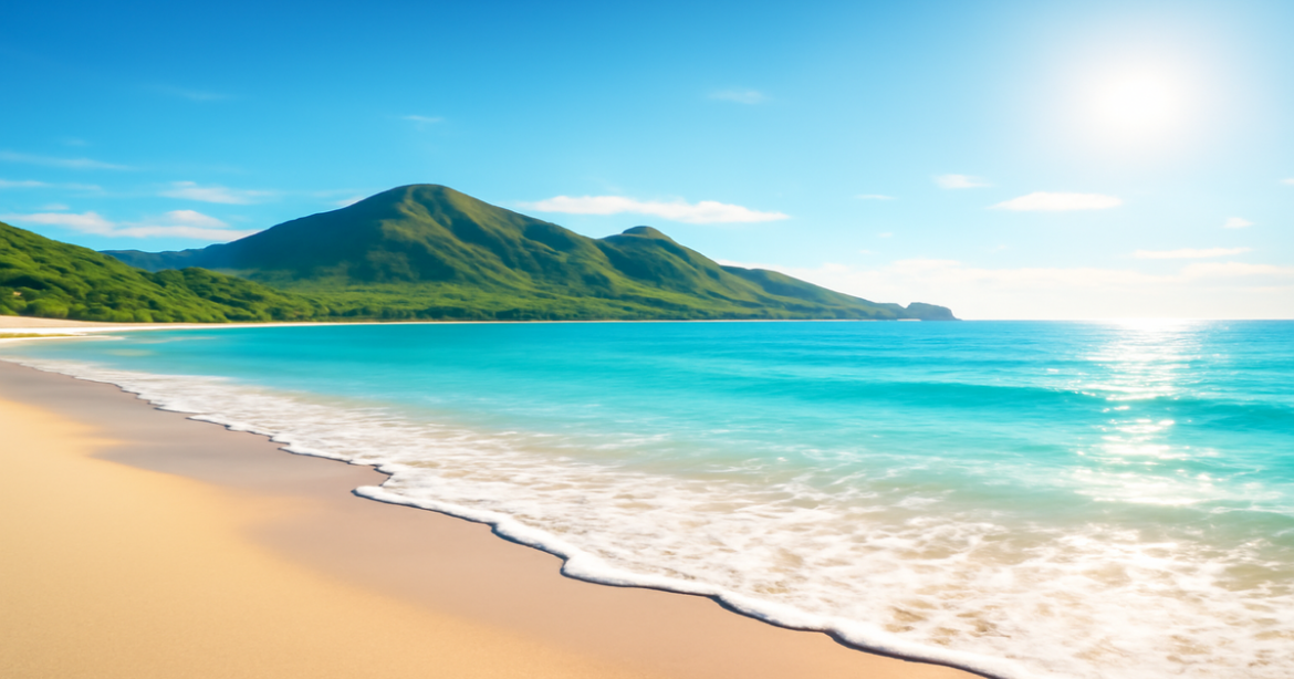Explore the benefits of кредитные карты with this tranquil beach and mountain scene.