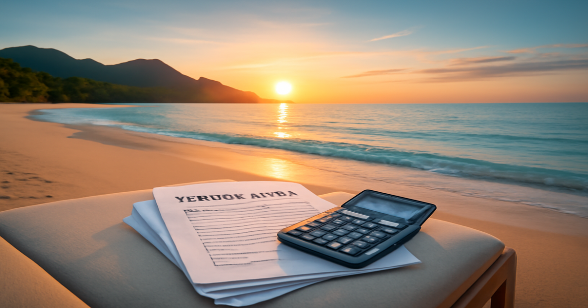 A tranquil beach scene with personal loans documents, illustrating the advantages and disadvantages of личные кредиты.