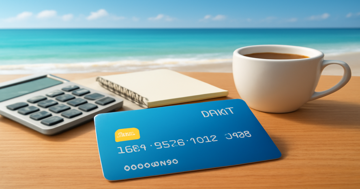 A debit card on a table with financial tools, set against a relaxing beach background.