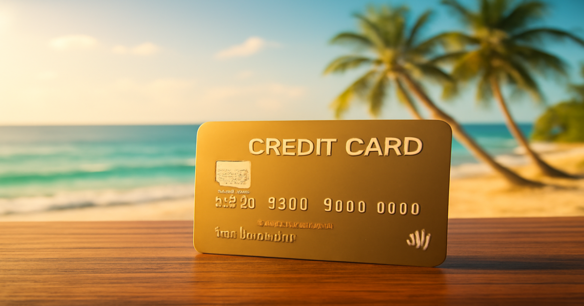 Explore преимущества кредитных карт in a travel-inspired setting with a luxurious credit card and beach backdrop.
