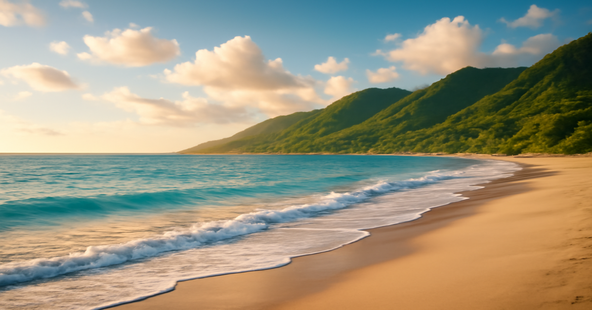 Explore consumer loans with a relaxing beach and mountain landscape, perfect for travel inspiration.