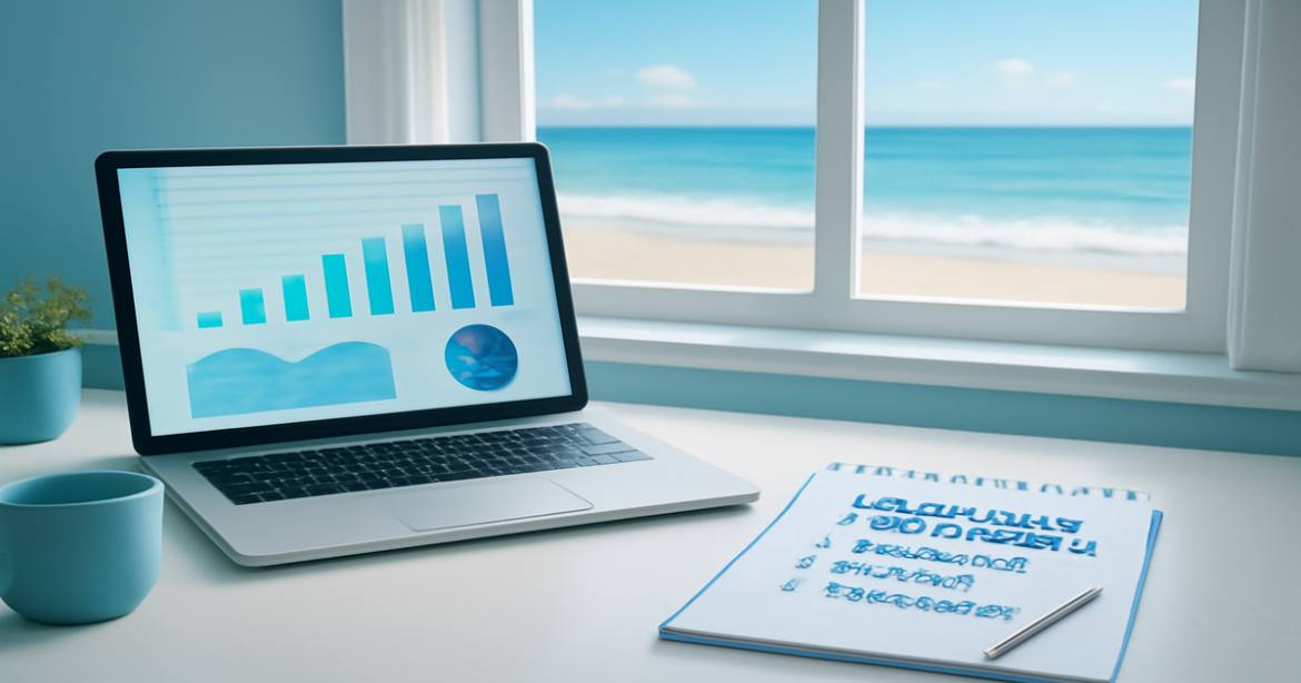 Professional image illustrating управление финансами with a serene workspace and beach view.