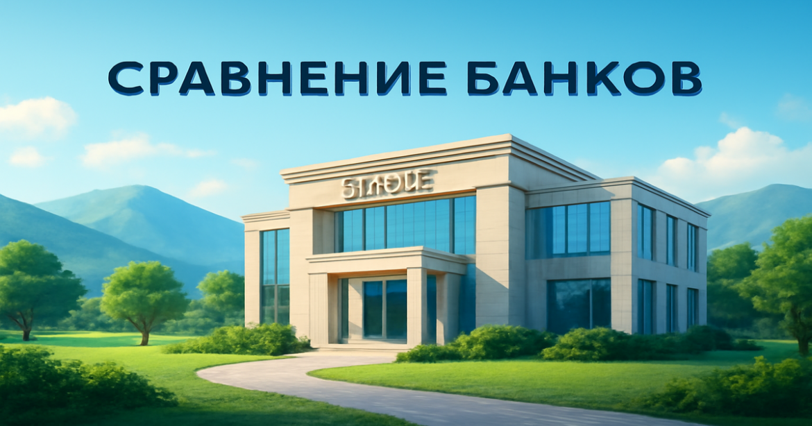 A modern bank building in a tranquil mountain setting, highlighting the importance of сравнение банков.