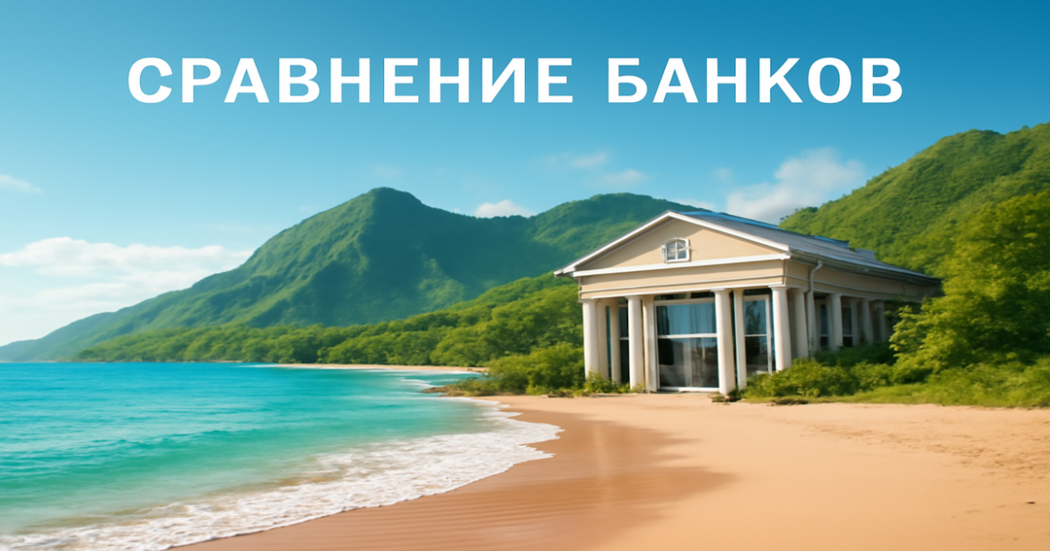 A peaceful beach and mountain scene representing the concept of сравнение банков.
