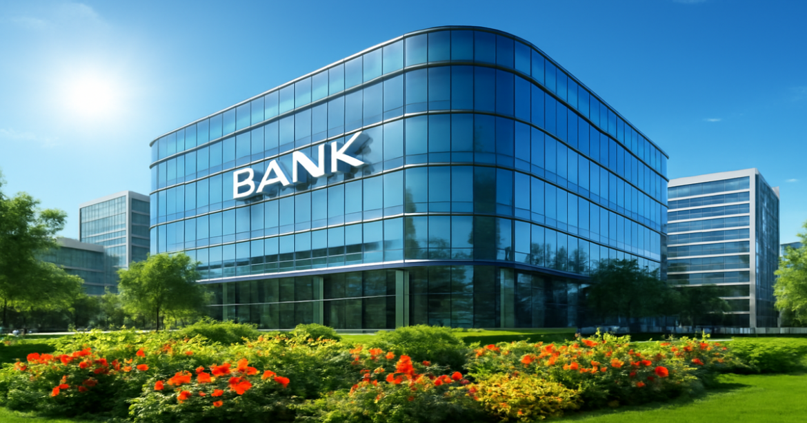 A modern bank for business, reflecting growth and professionalism in a vibrant business district.