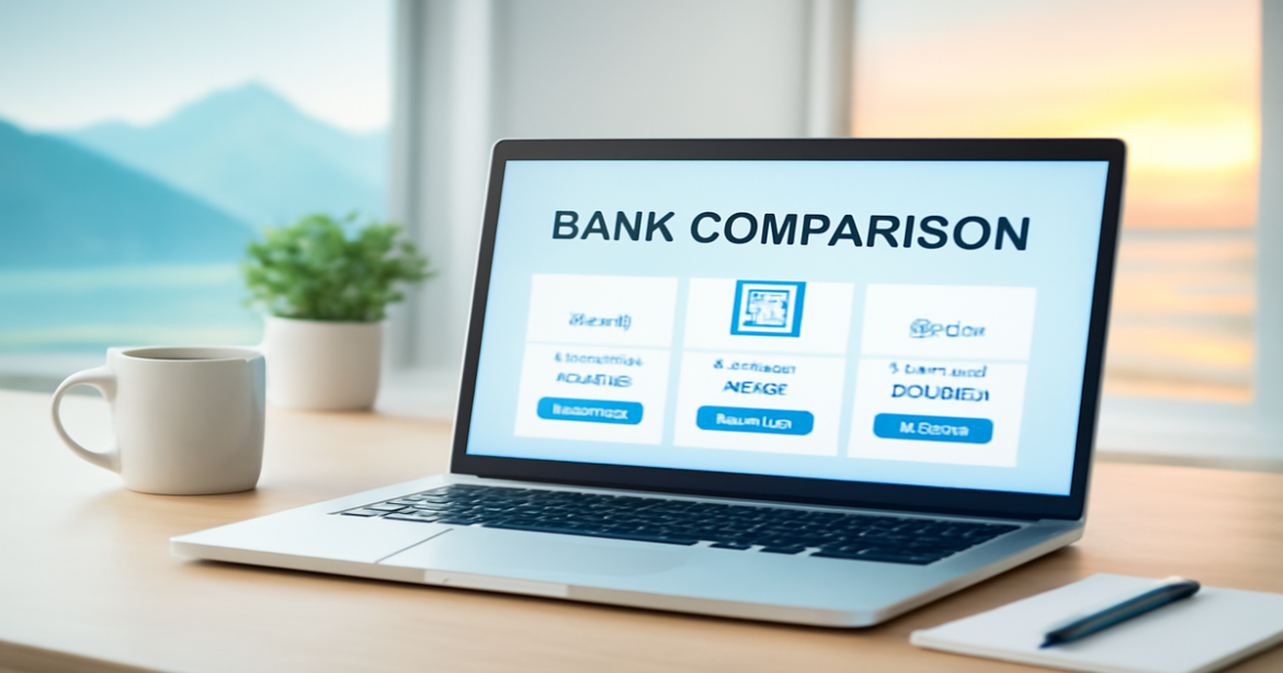 A serene financial planning scene illustrating bank comparison for loans.