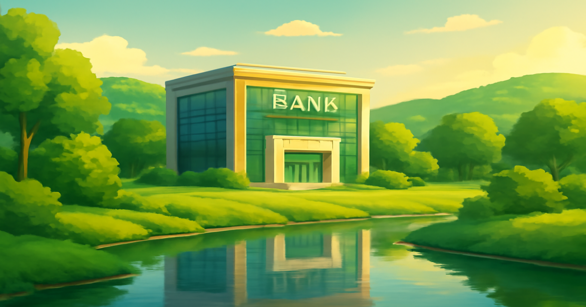 A peaceful bank landscape illustrating the concept of сравнение банков for financial choices.