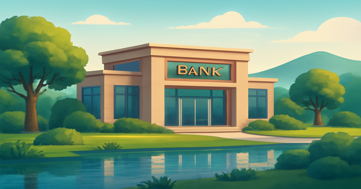 A calming view of a bank building amidst nature, perfect for the article on сравнении банков.