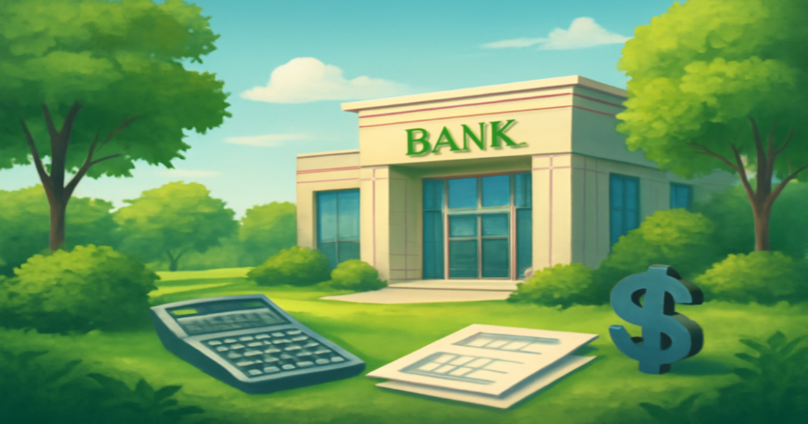 A professional image illustrating сравнение банков with a modern bank building in a serene landscape.